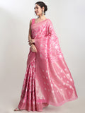 Janasya Pink Linen Blend Geometric Jacquard Saree