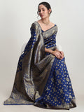 Janasya Blue Silk Blend Floral Jacquard Saree