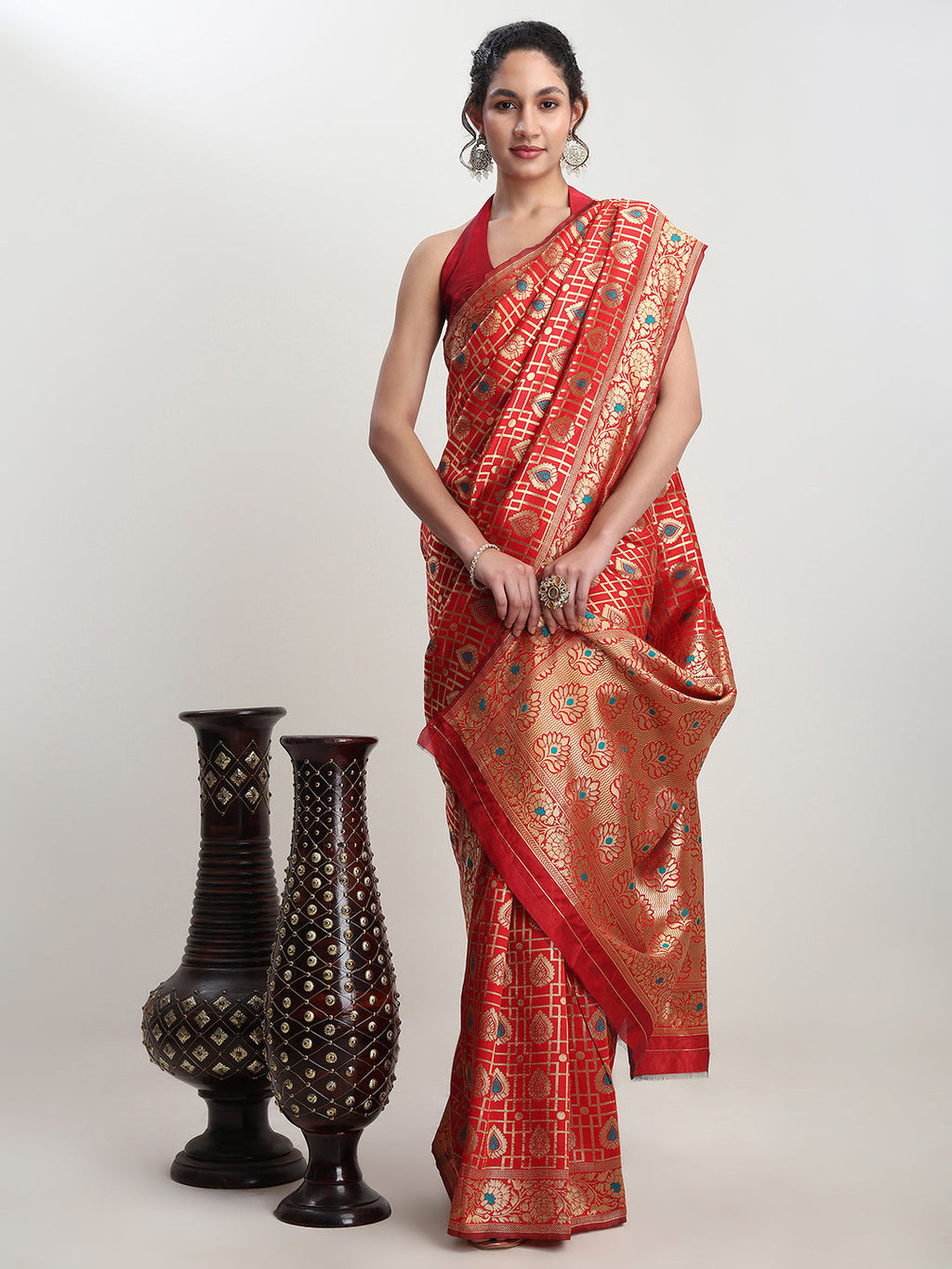 Janasya Red Silk Blend Ethnic Motifs Jacquard Saree