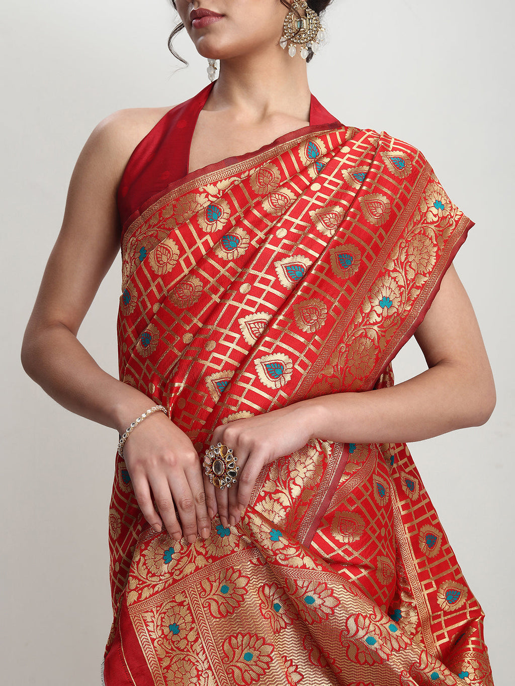 Janasya Red Silk Blend Ethnic Motifs Jacquard Saree