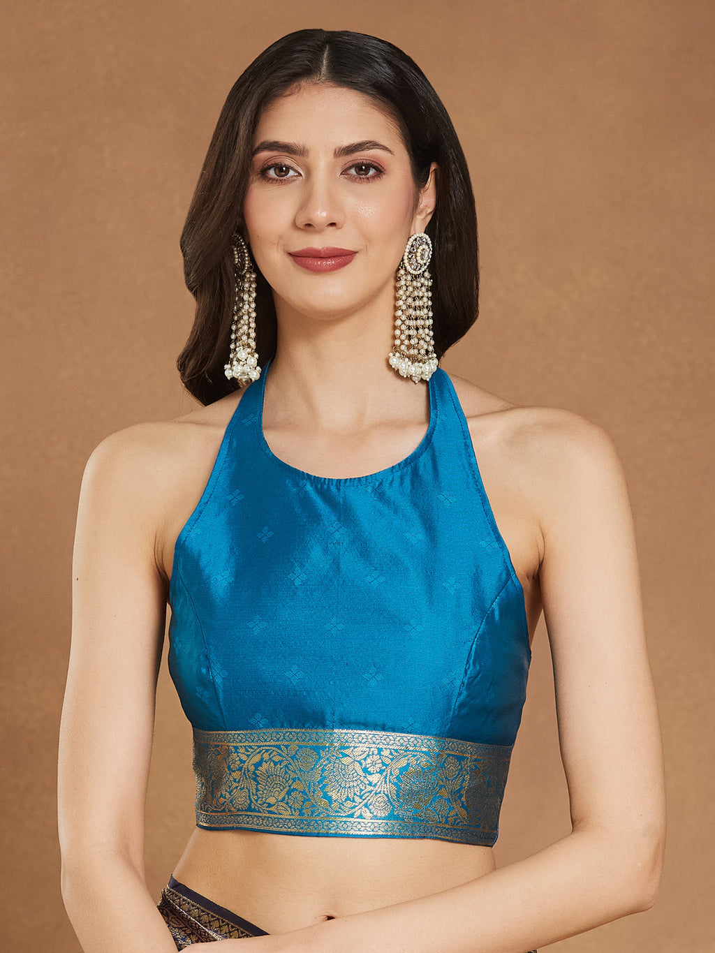 Janasya Blue Silk Blend Ethnic Motifs Banarasi Jacquard Saree