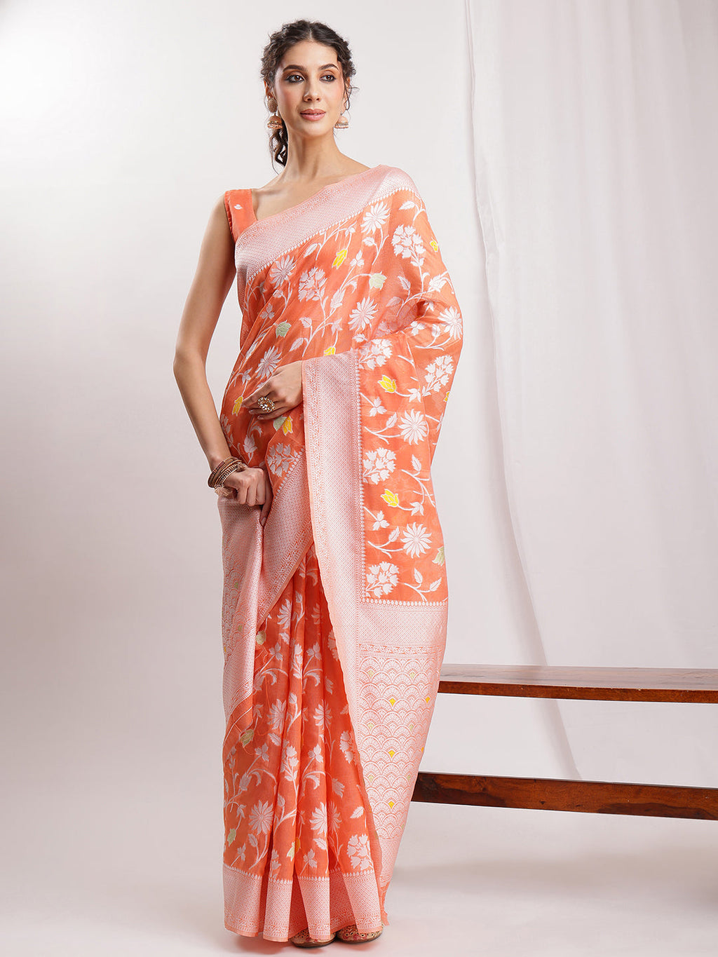 Janasya Peach Silk Blend Floral Jacquard Saree