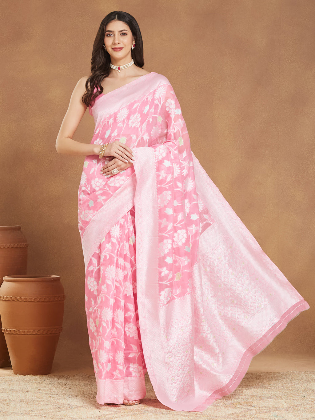 Janasya Light Pink Silk Blend Floral Jacquard Saree