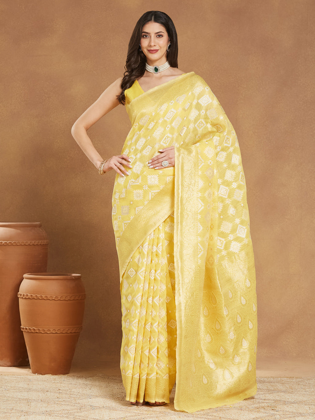 Janasya Yellow Silk Blend Geometric Jacquard Saree