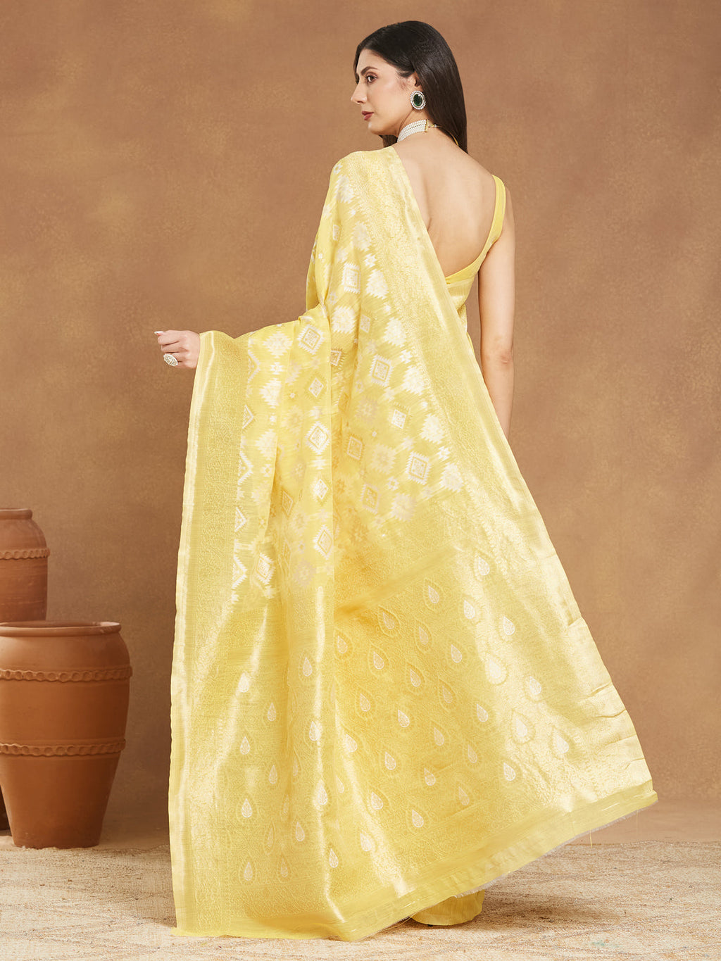 Janasya Yellow Silk Blend Geometric Jacquard Saree