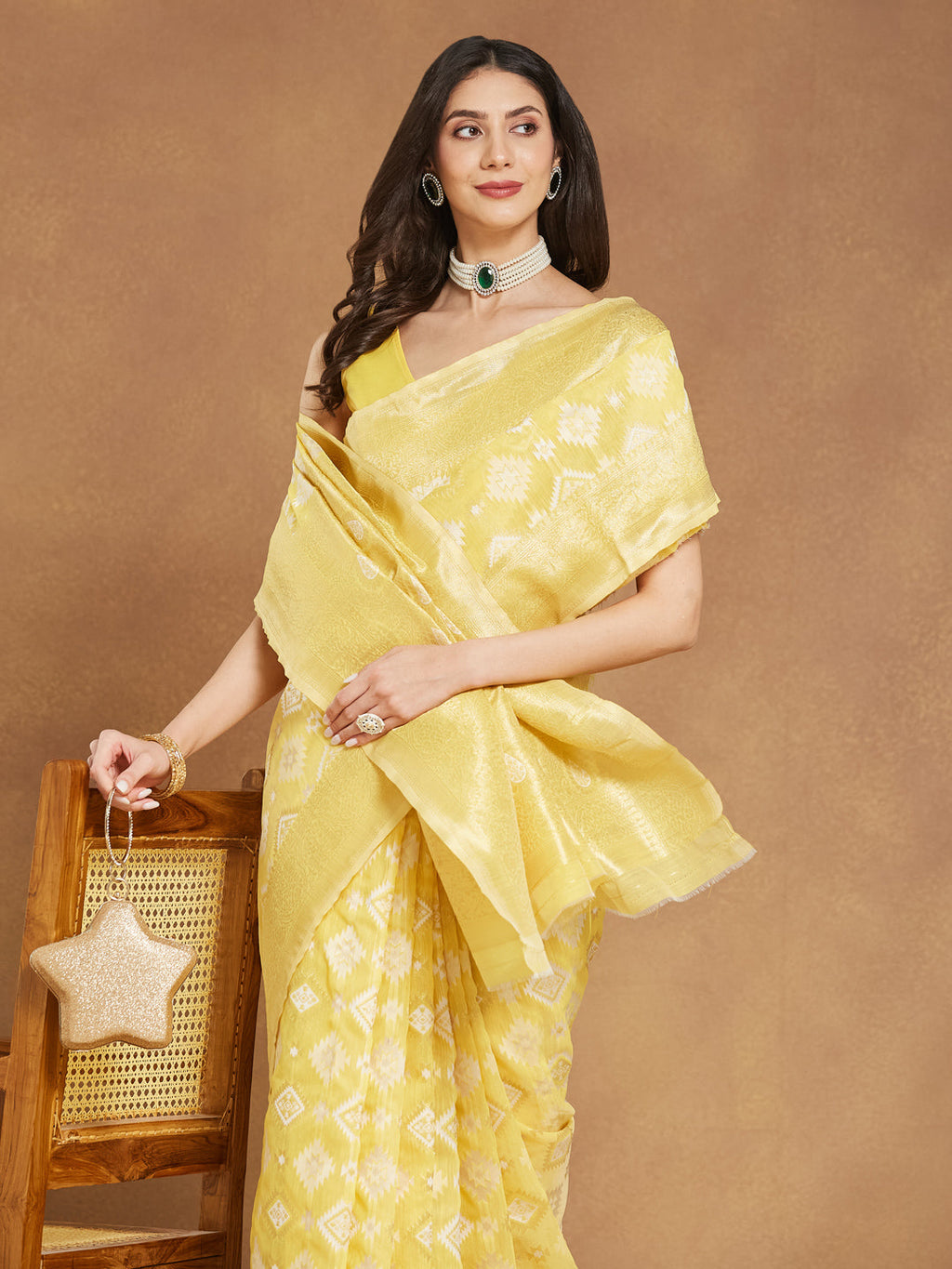Janasya Yellow Silk Blend Geometric Jacquard Saree