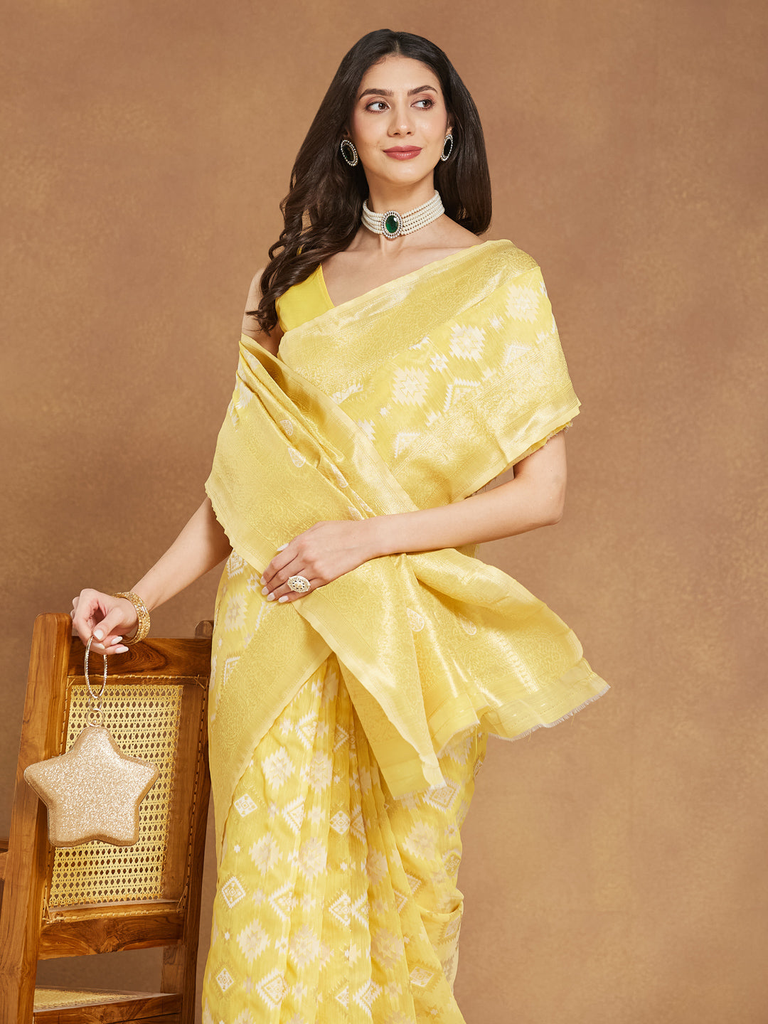 Janasya Yellow Silk Blend Geometric Jacquard Saree