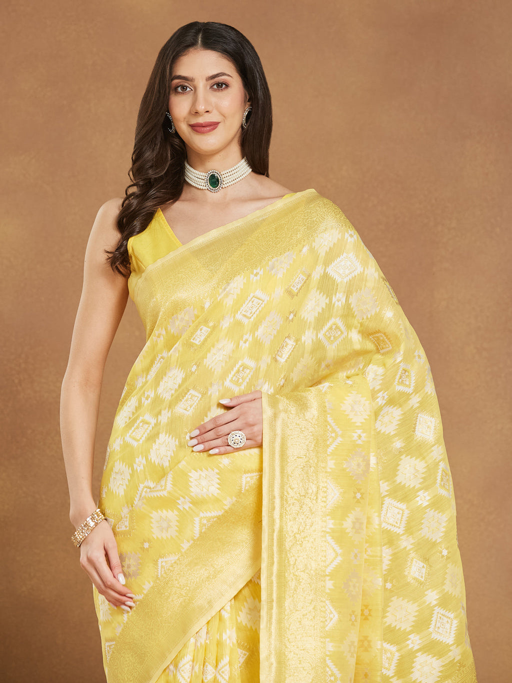 Janasya Yellow Silk Blend Geometric Jacquard Saree