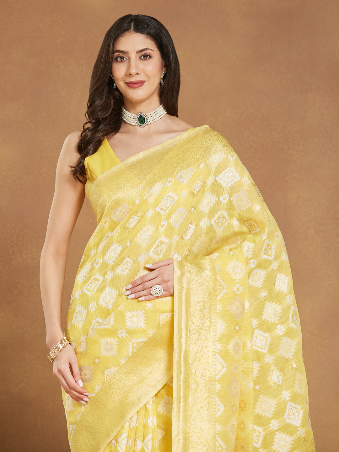 Janasya Yellow Silk Blend Geometric Jacquard Saree