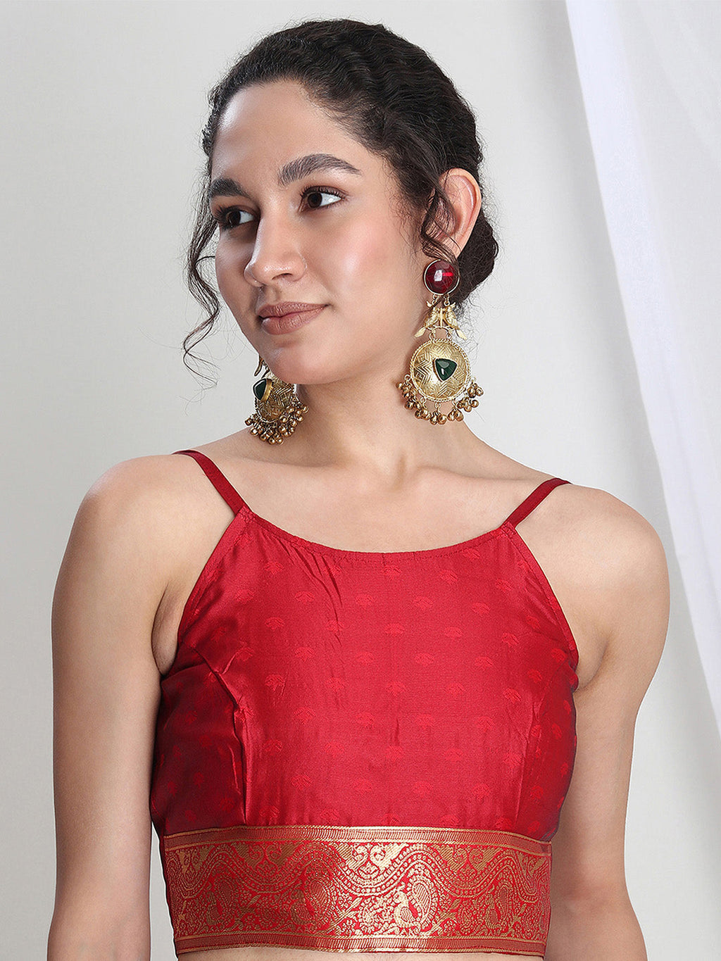 Janasya Red Silk Blend Floral Jacquard Saree
