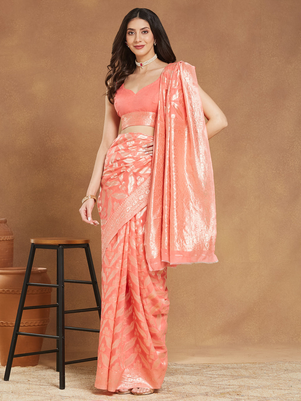 Janasya Peach Silk Blend Floral Jacquard Saree