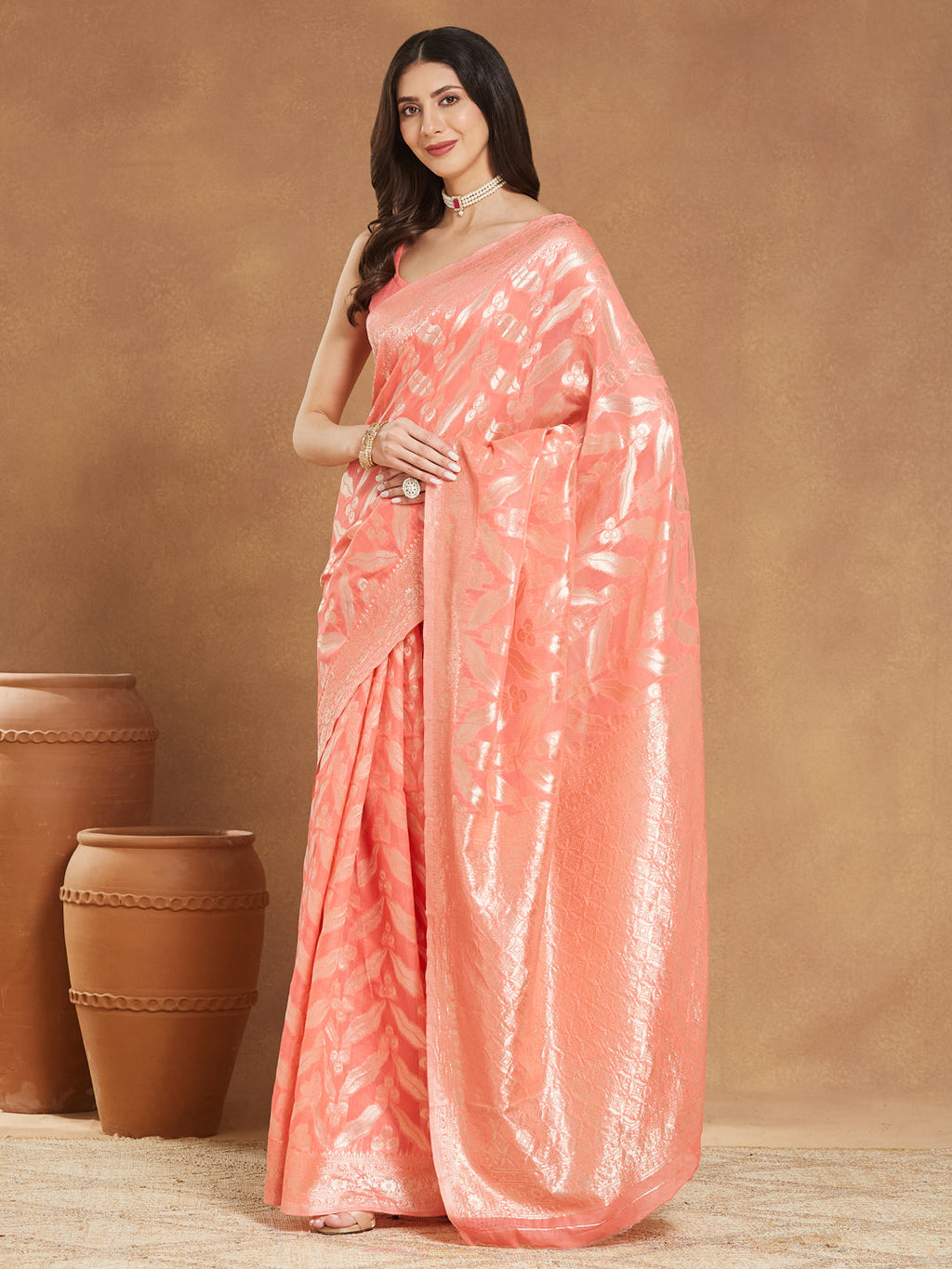 Janasya Peach Silk Blend Floral Jacquard Saree