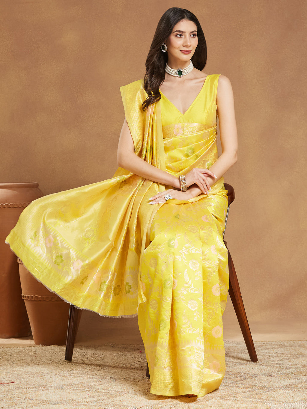 Janasya Yellow Silk Blend Floral Jacquard Saree