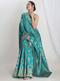 Janasya Teal Blue Silk Blend Floral Jacquard Saree