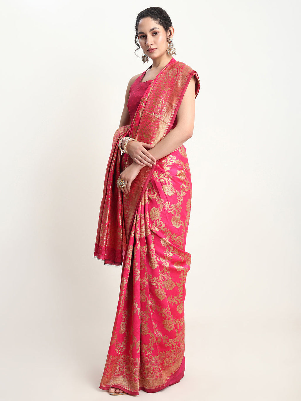Janasya Pink Silk Blend Floral Jacquard Saree