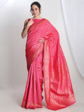 Janasya Pink Silk Blend Floral Jacquard Saree