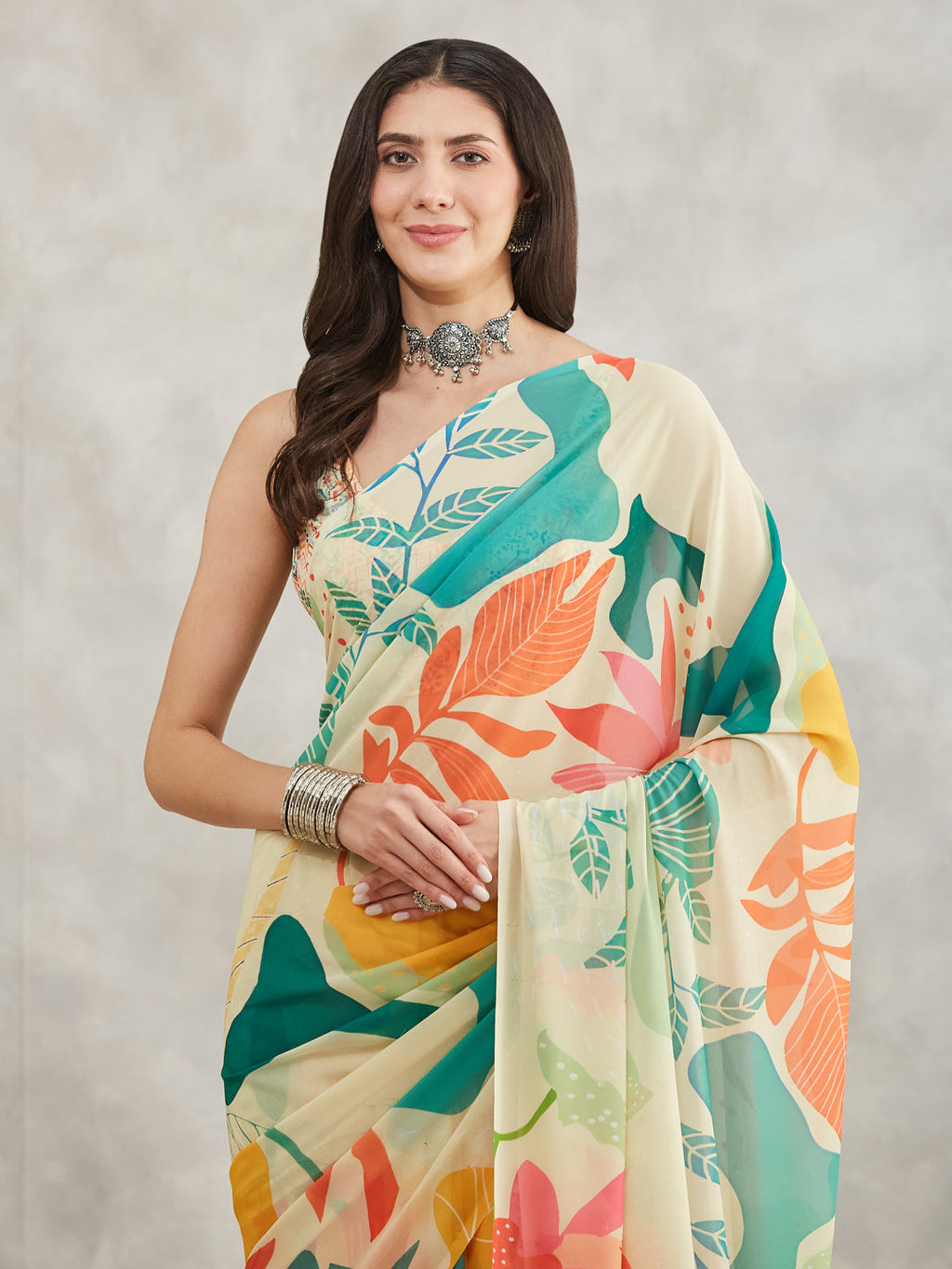 Janasya Multicolor Georgette Tropical Printed Saree