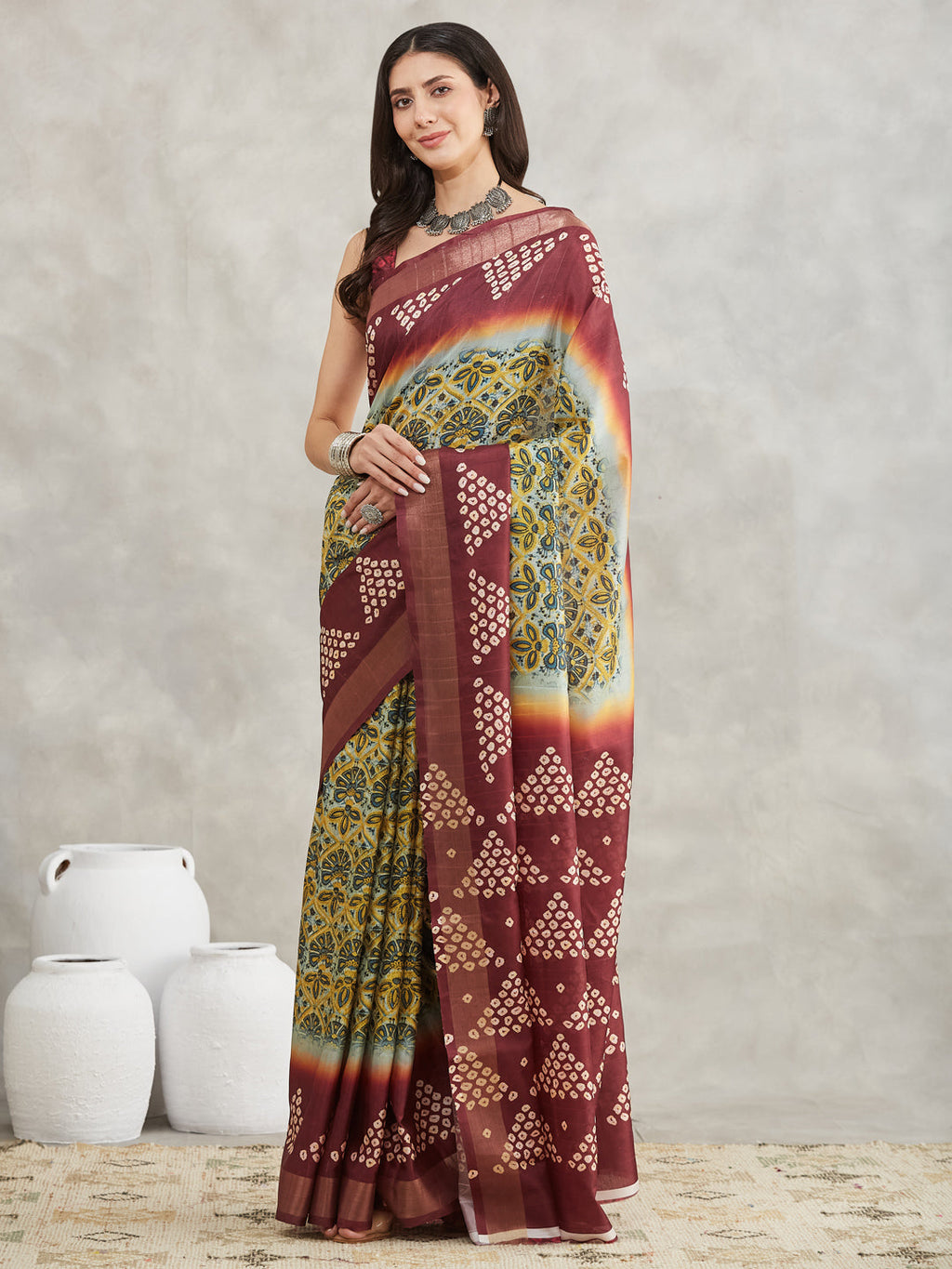 Janasya Yellow Silk Blend Ethnic Motifs Printed Saree