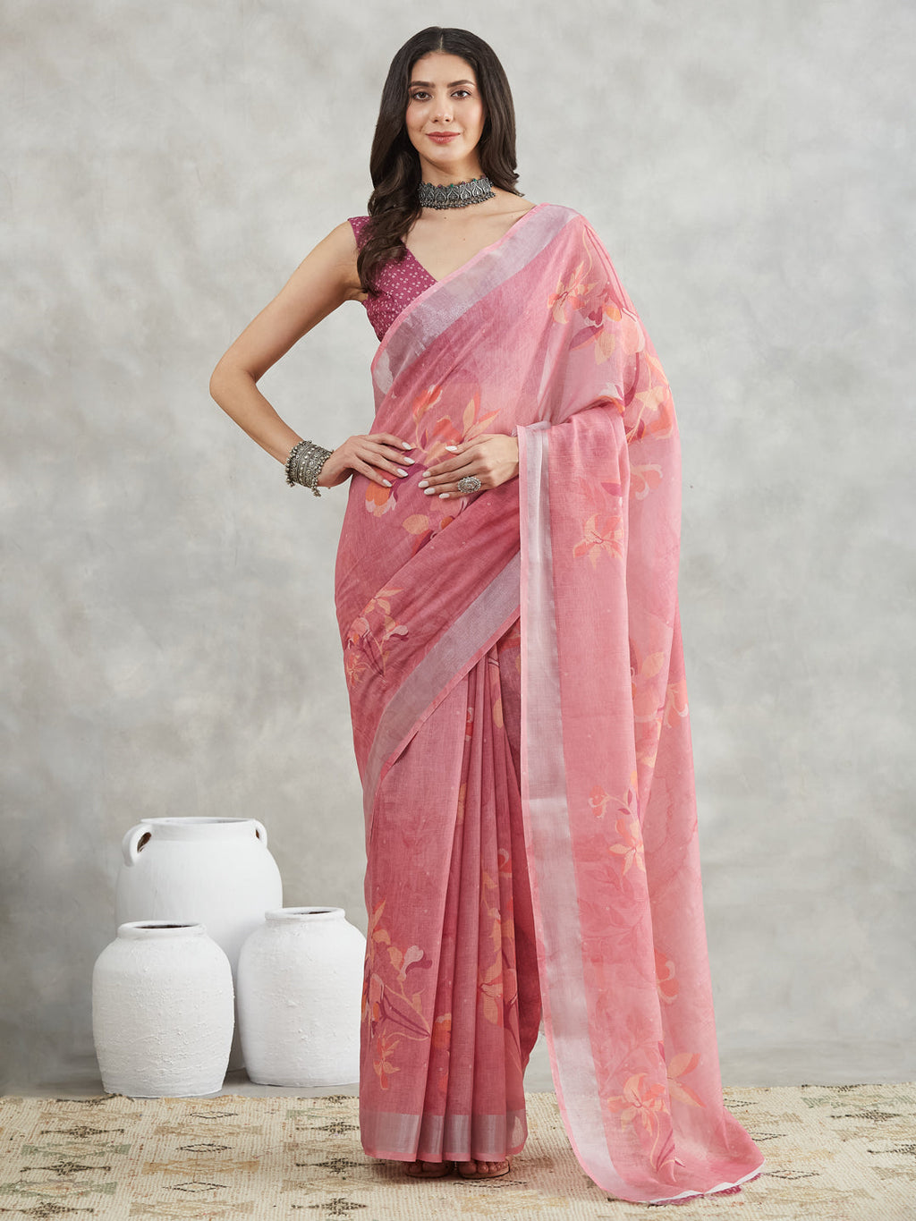 Janasya Mauve Linen Blend Floral Printed Saree