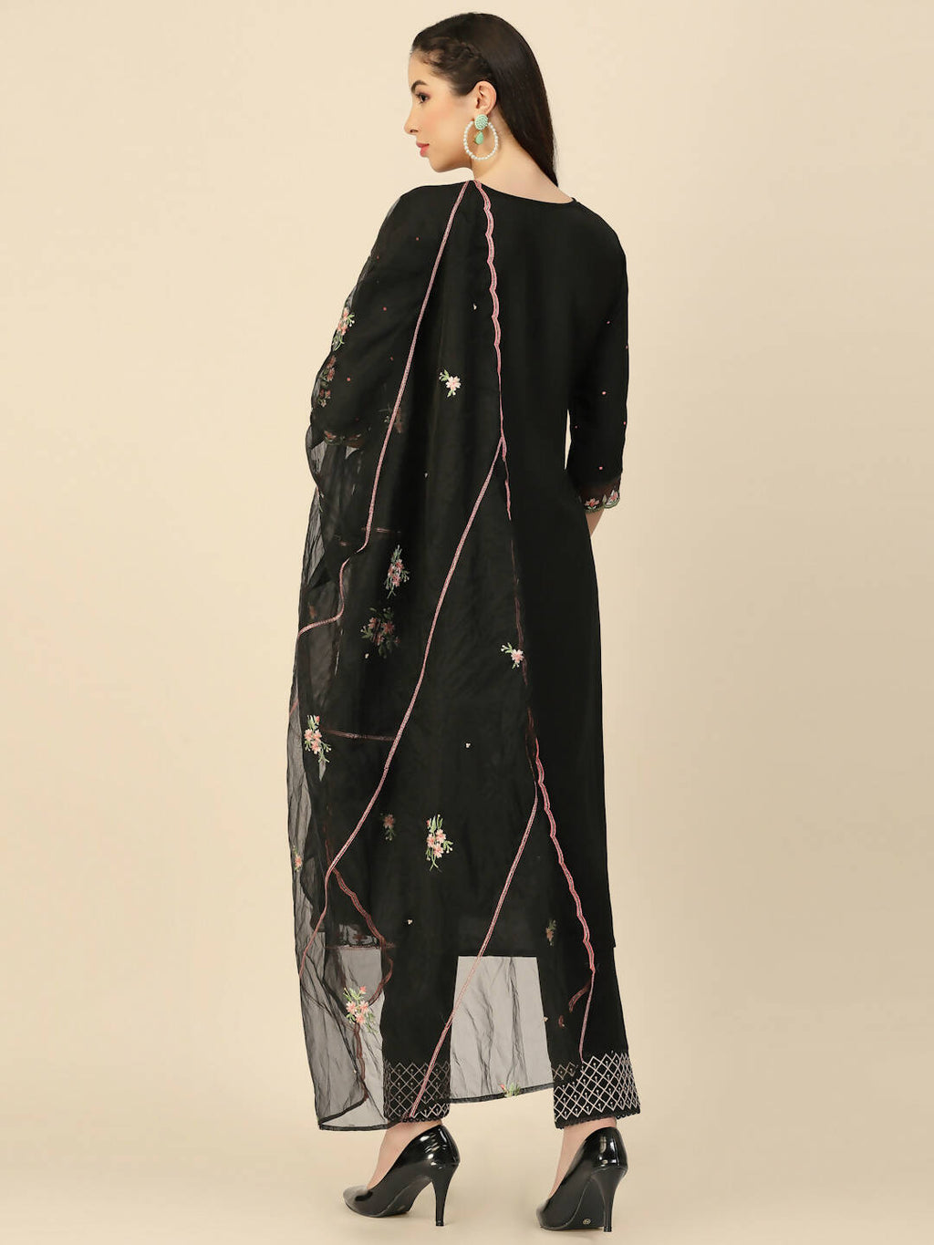 Black Embroidered Chinon Straight Kurta With Trouser & Dupatta - Salimar
