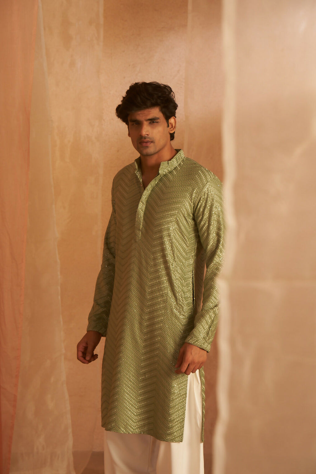 Pastel Green Viscose Embroidery Work Men's Kurta Set - Mahotsav
