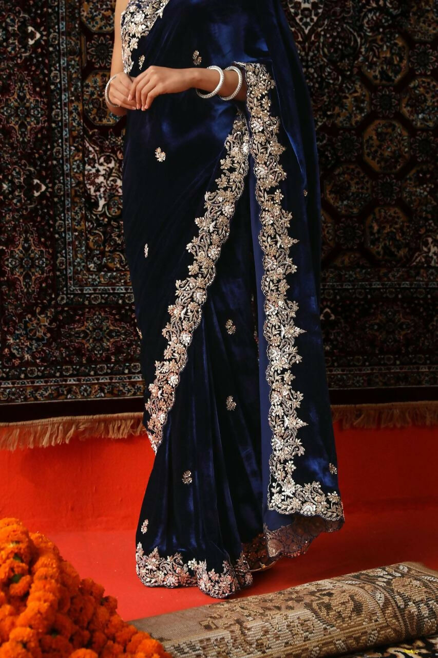 Vastranavya Designer Velvet Sequence & Zari Thread Embroidery work with border and Cutwork Saree - Navy Blue