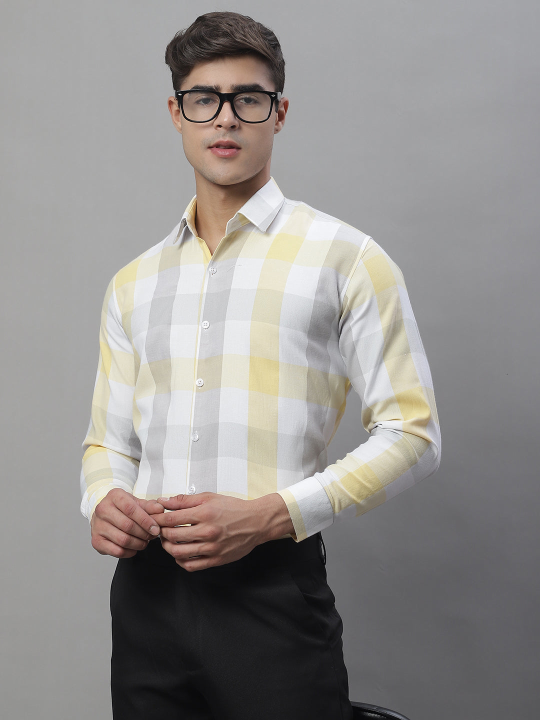 Jainish Men's Pure Cotton Checked Formal Shirts - Yellow
