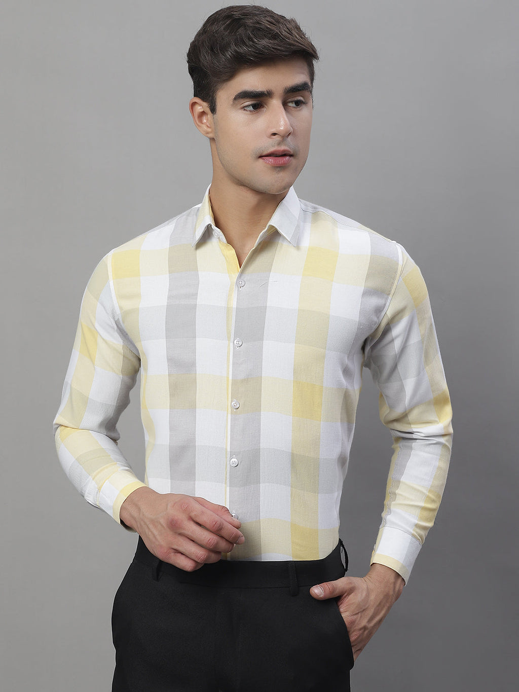 Jainish Men's Pure Cotton Checked Formal Shirts - Yellow