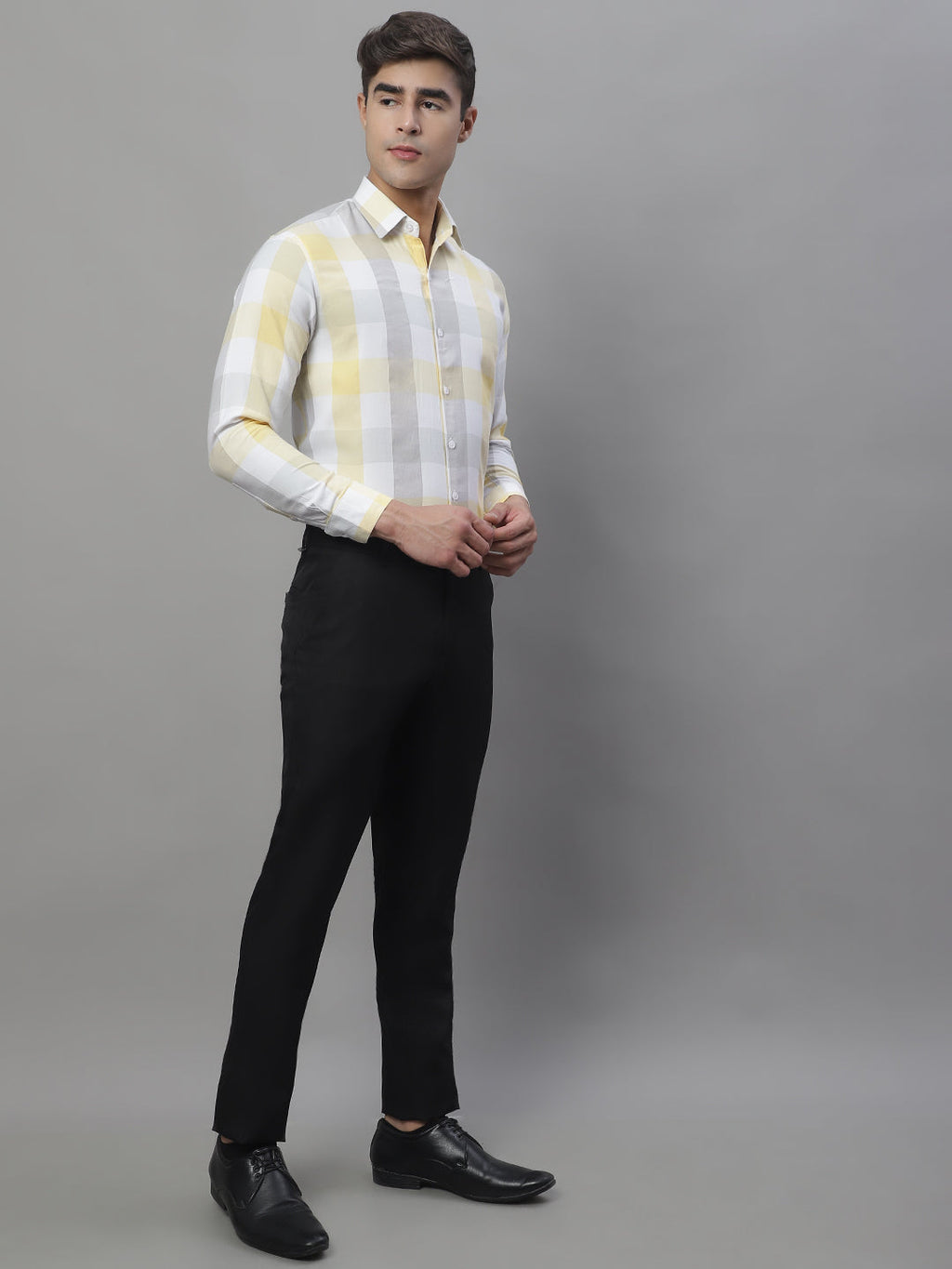 Jainish Men's Pure Cotton Checked Formal Shirts - Yellow