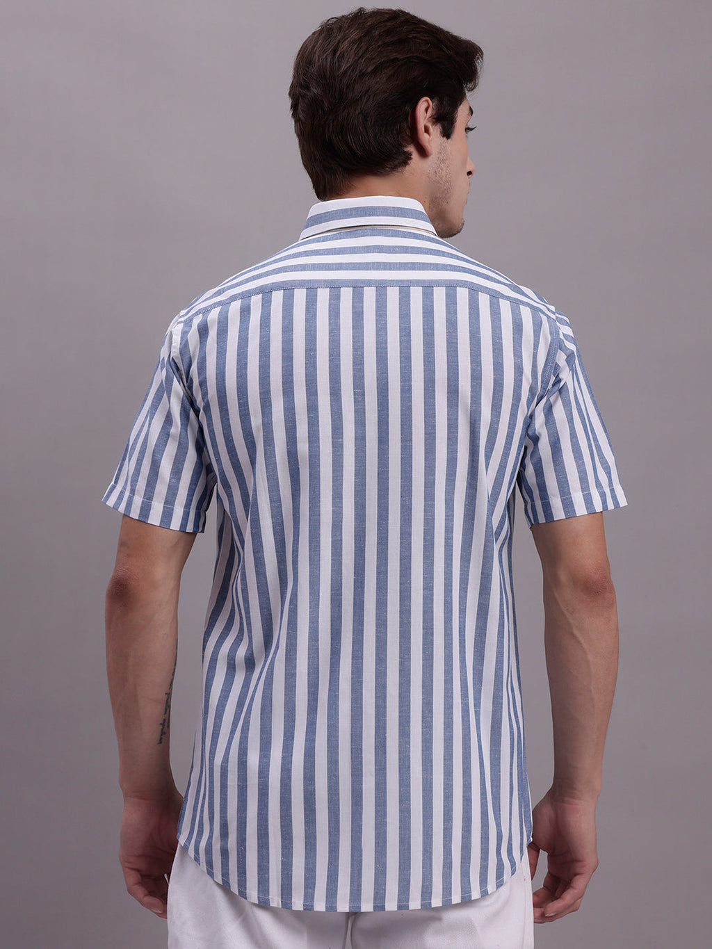 Jainish Men's Blue Vertical Striped Half Sleeve Casual Shirt
