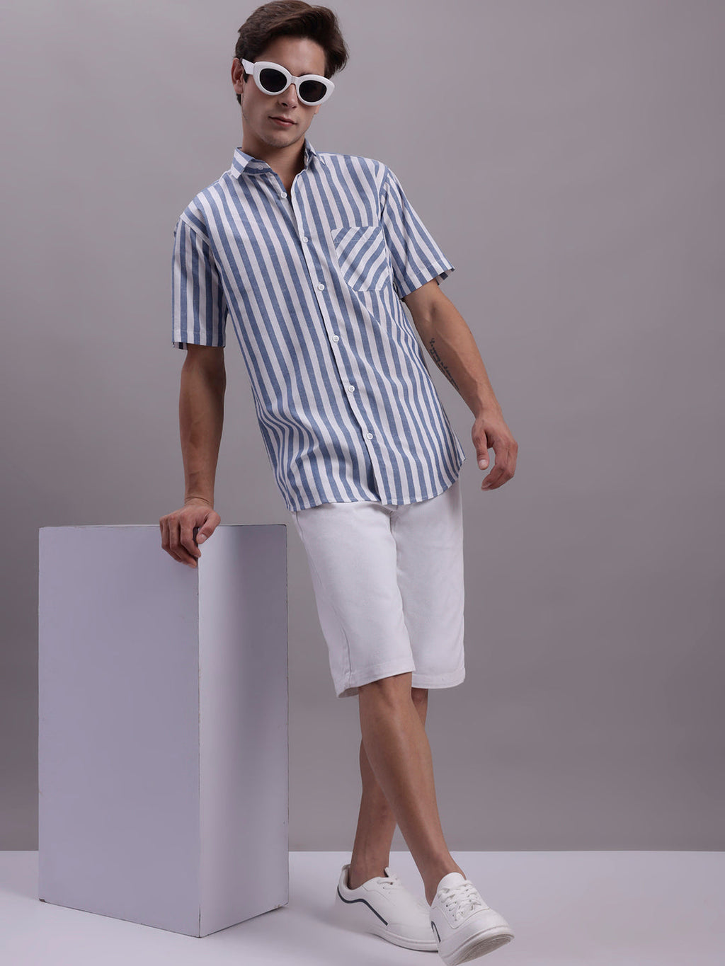Jainish Men's Blue Vertical Striped Half Sleeve Casual Shirt