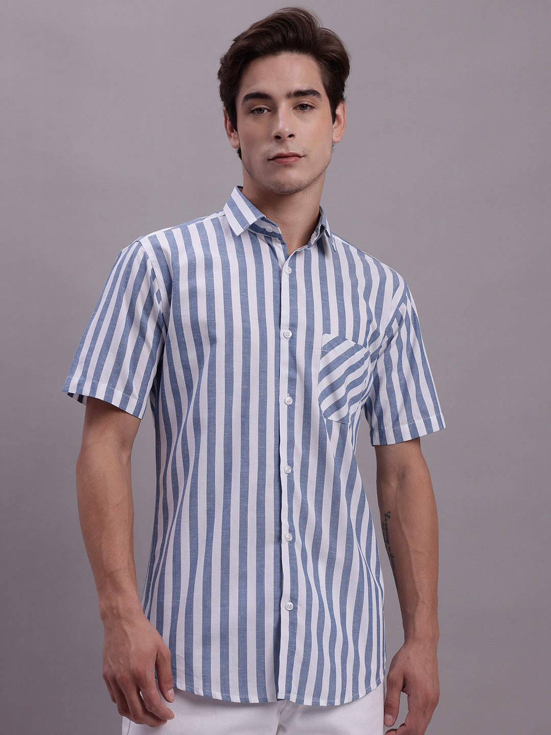 Jainish Men's Blue Vertical Striped Half Sleeve Casual Shirt