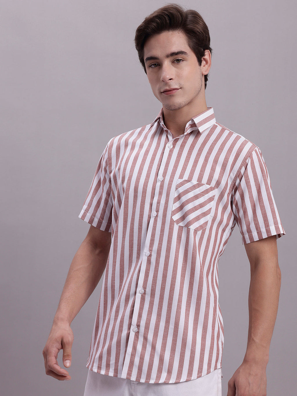 Jainish Men's Red Vertical Striped Half Sleeve Casual Shirt