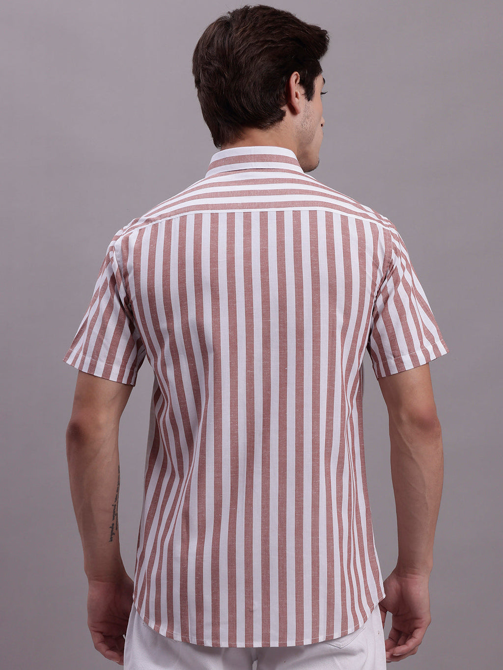 Jainish Men's Red Vertical Striped Half Sleeve Casual Shirt