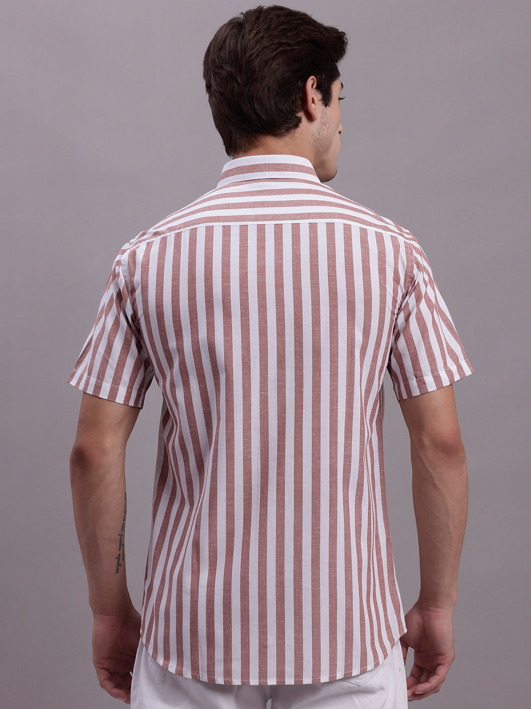 Jainish Men's Red Vertical Striped Half Sleeve Casual Shirt