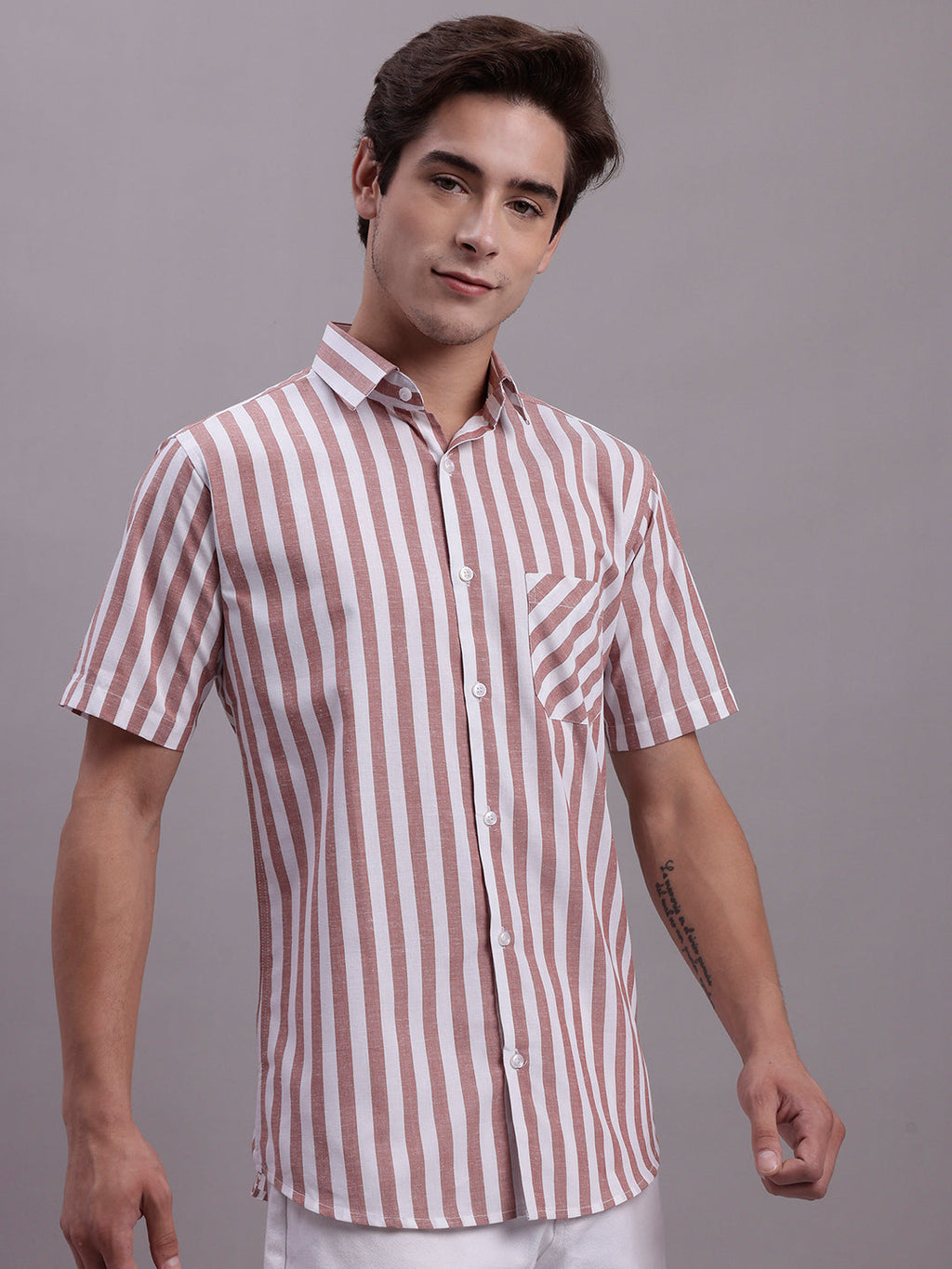 Jainish Men's Red Vertical Striped Half Sleeve Casual Shirt