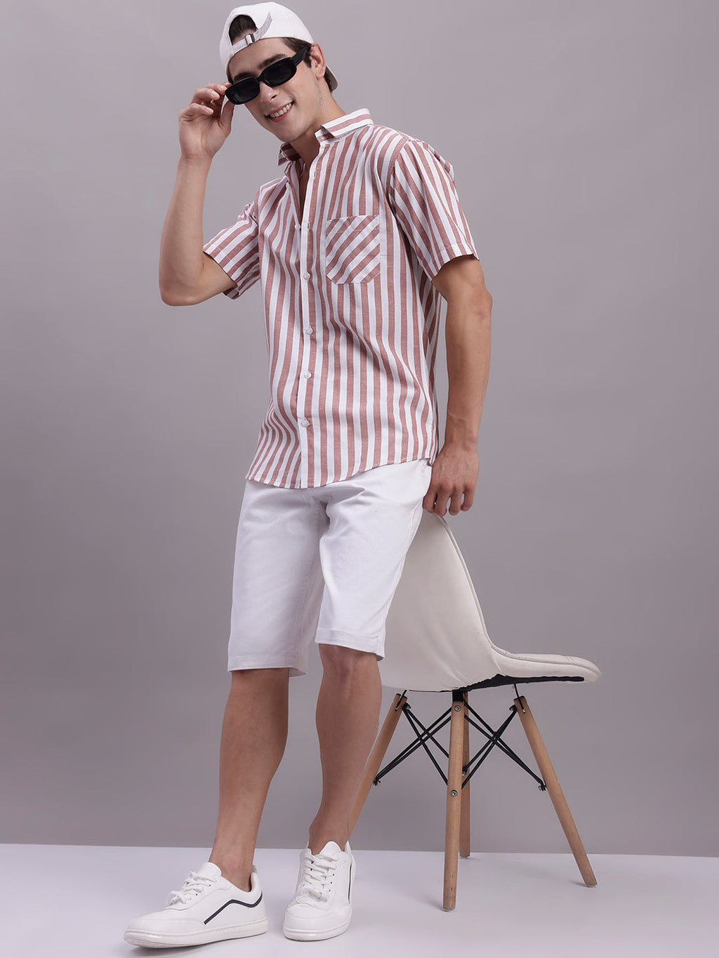 Jainish Men's Red Vertical Striped Half Sleeve Casual Shirt