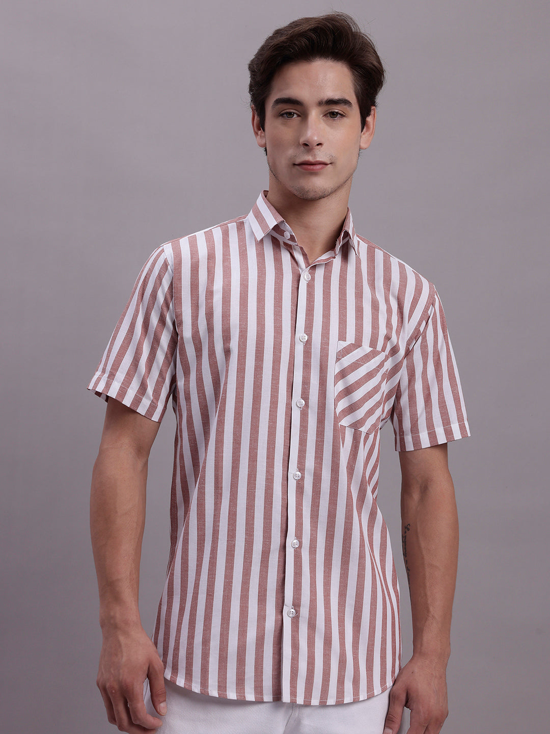 Jainish Men's Red Vertical Striped Half Sleeve Casual Shirt