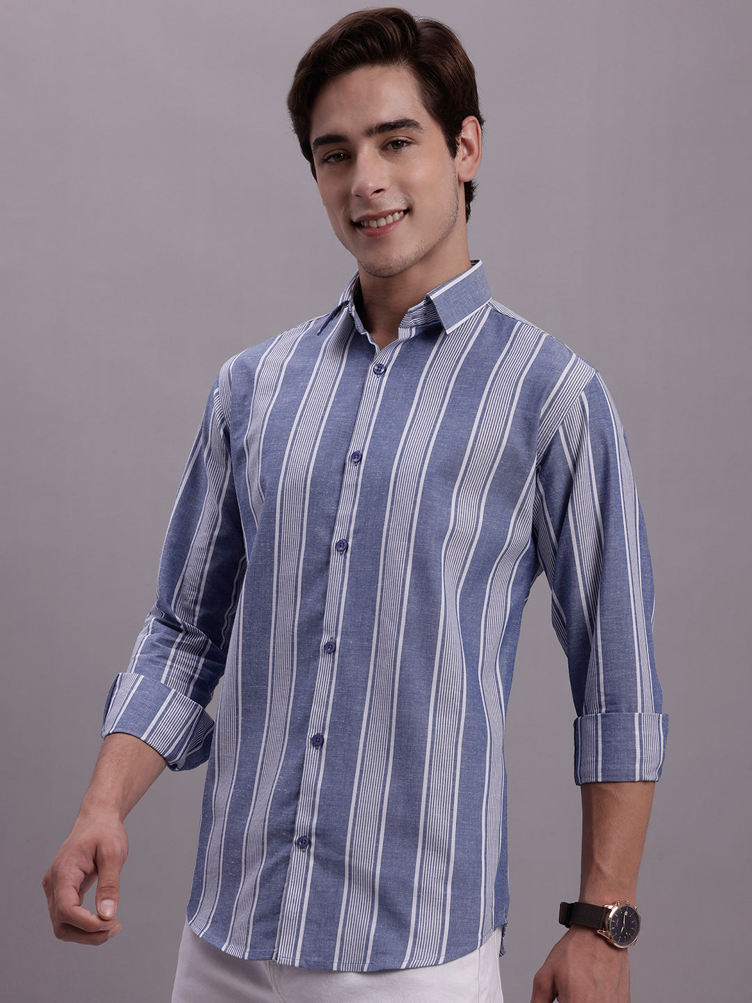 Jainish Men's Striped Casual Shirt - Blue