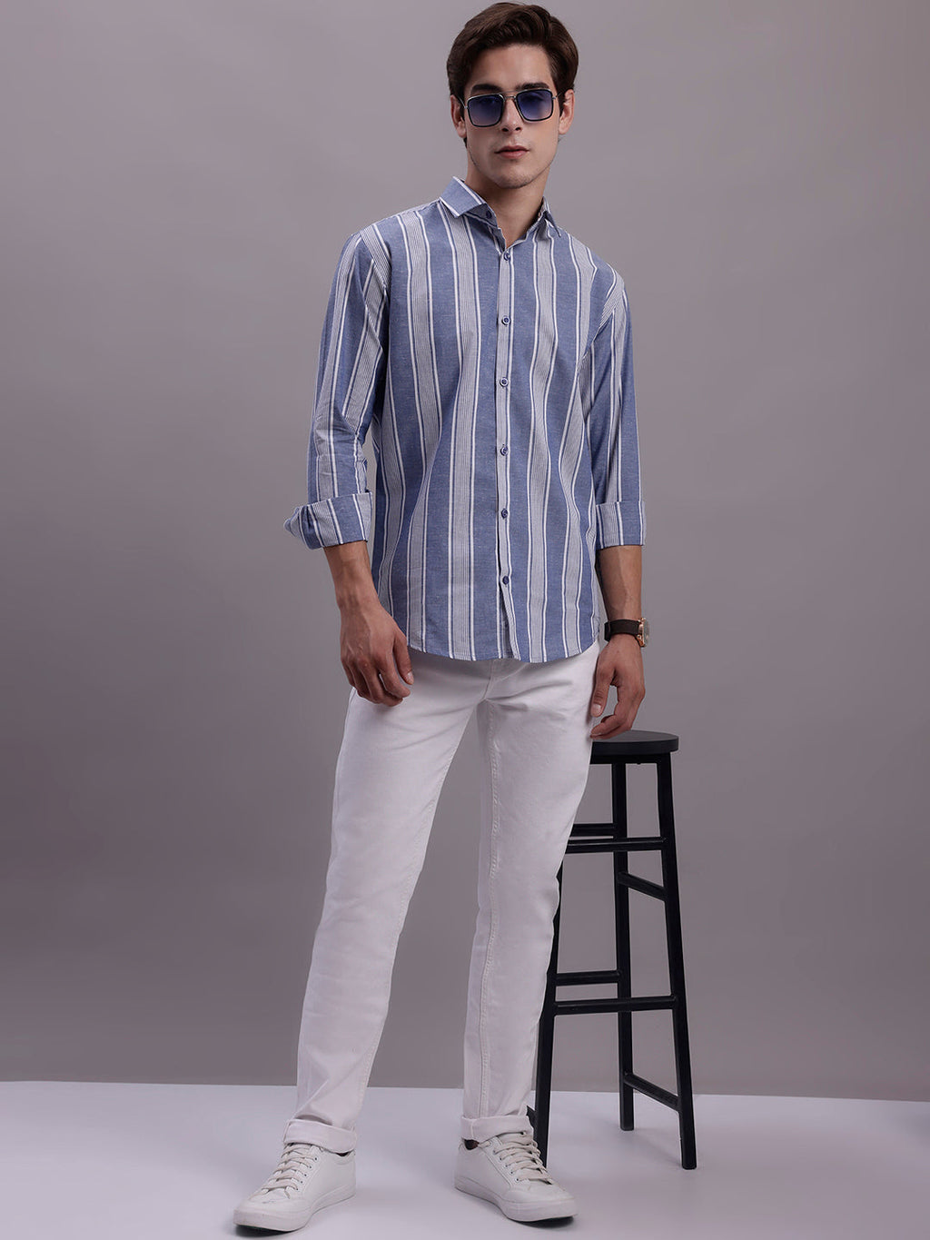 Jainish Men's Striped Casual Shirt - Blue