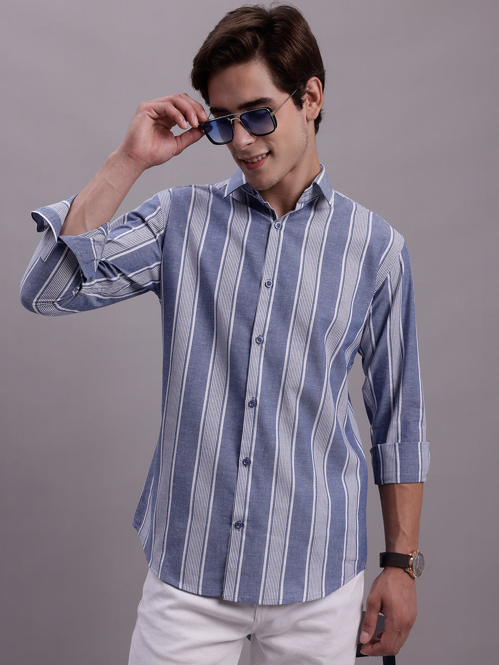 Jainish Men's Striped Casual Shirt - Blue