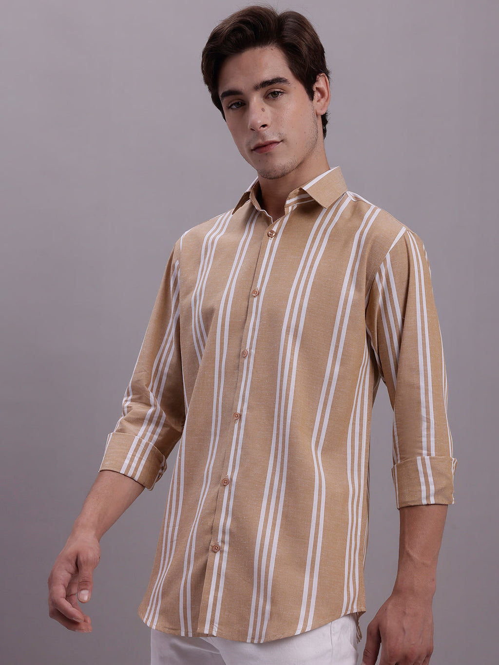 Jainish Men's Striped Casual Shirt - Brown