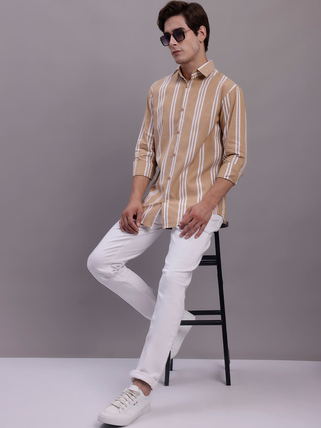 Jainish Men's Striped Casual Shirt - Brown