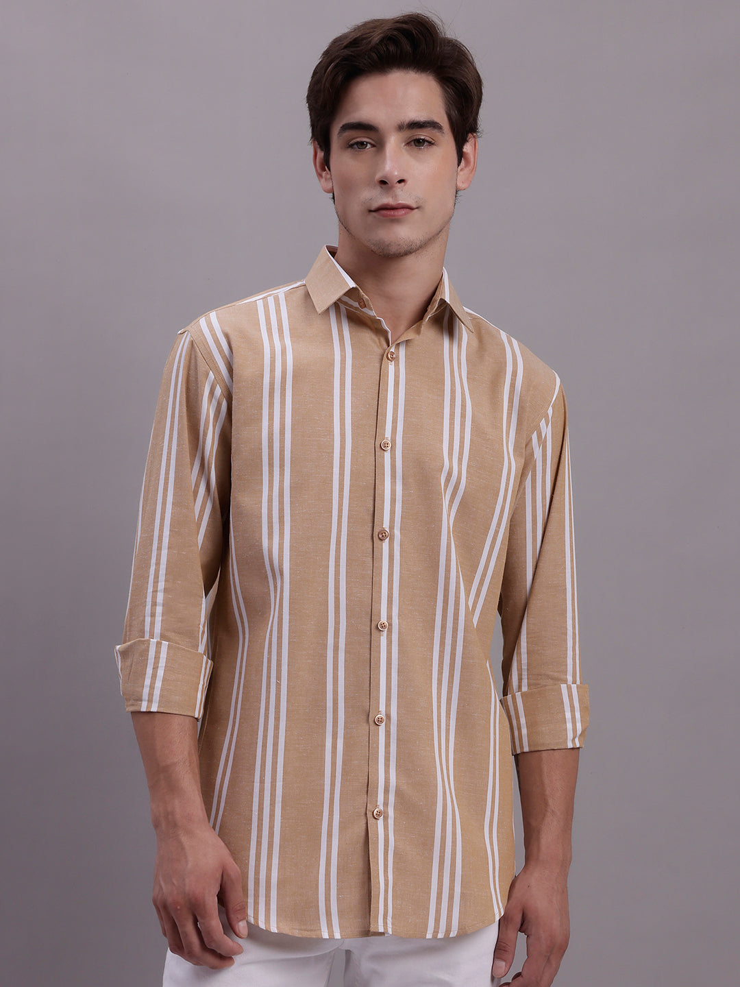 Jainish Men's Striped Casual Shirt - Brown