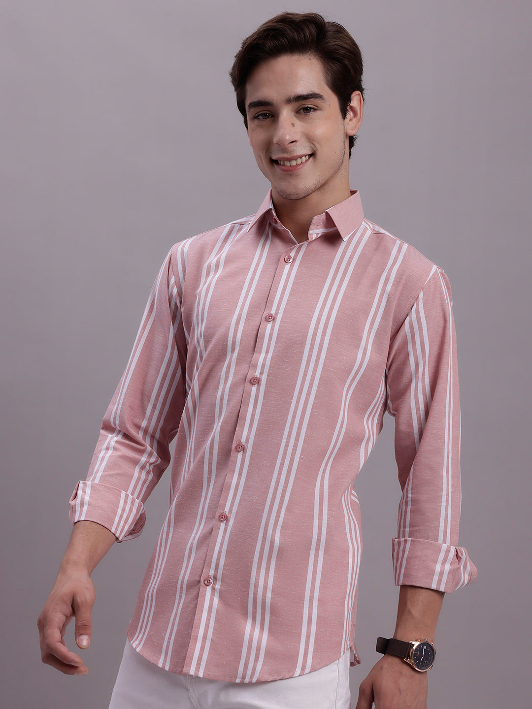 Jainish Men's Striped Casual Shirt - Coral