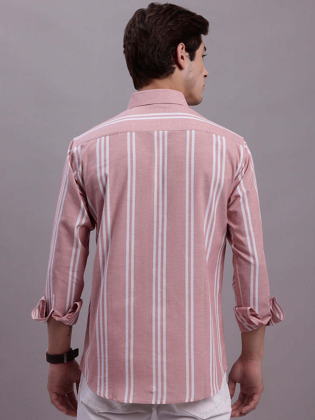 Jainish Men's Striped Casual Shirt - Coral