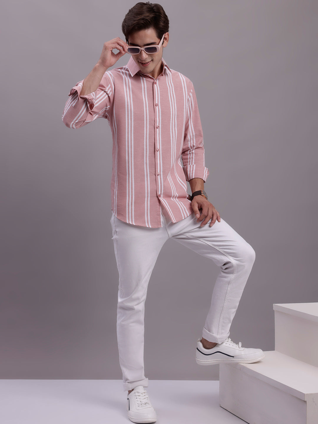 Jainish Men's Striped Casual Shirt - Coral