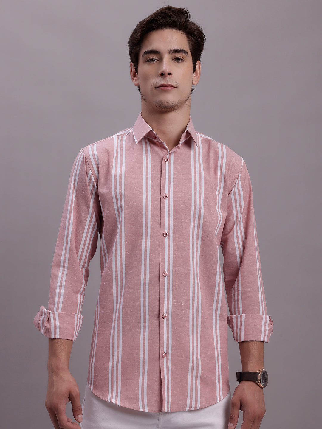 Jainish Men's Striped Casual Shirt - Coral
