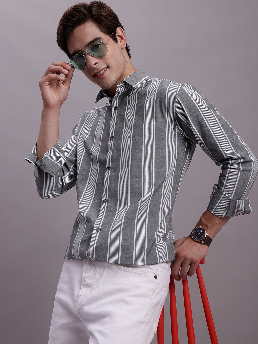 Jainish Men's Striped Casual Shirt - Grey