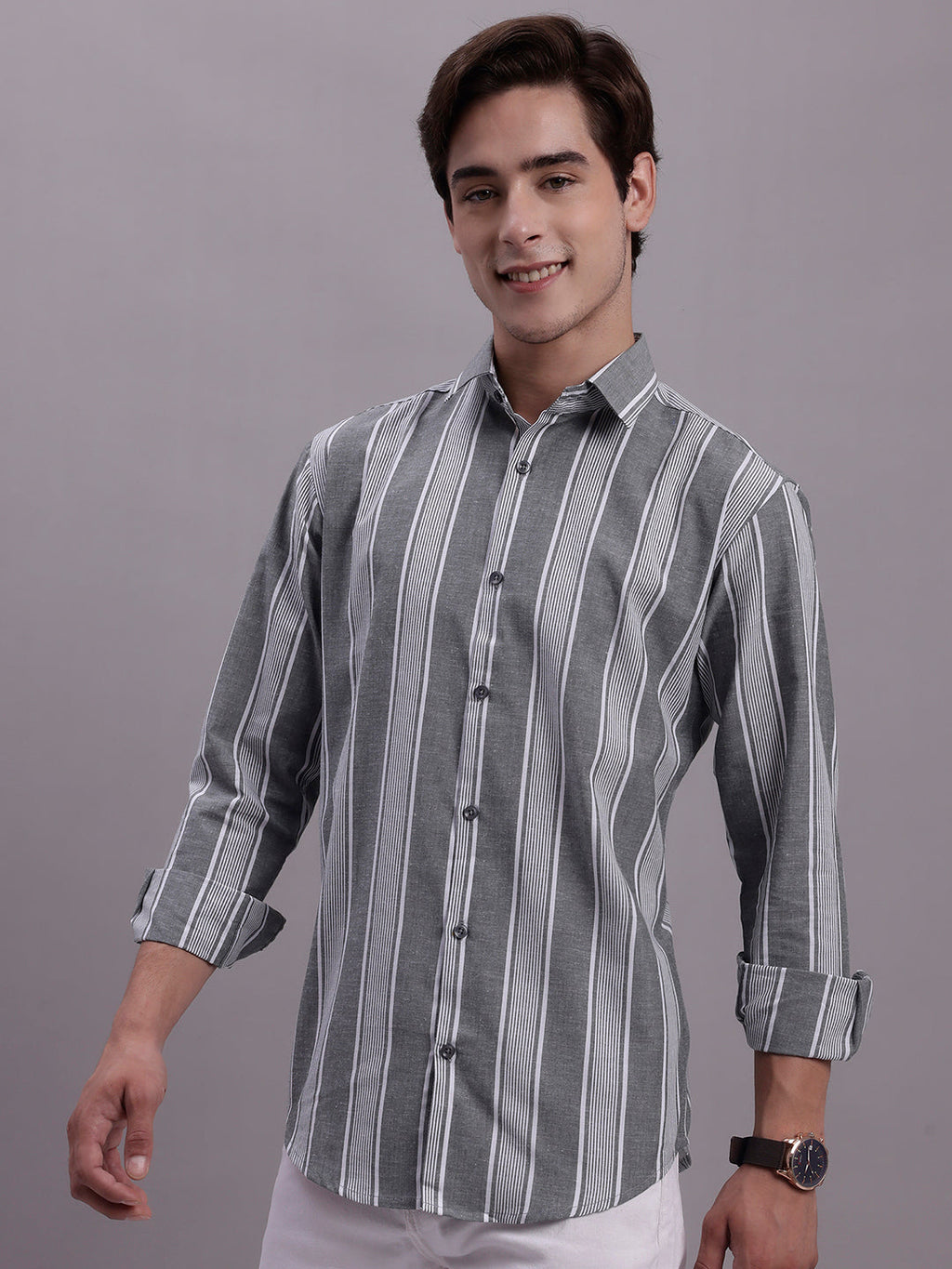 Jainish Men's Striped Casual Shirt - Grey